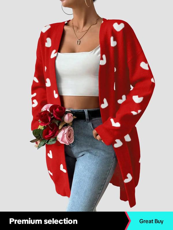 Women's Heart Print Drop Shoulder  Cardigan, Casual Open Front Long Sleeve Knitwear for Fall & Winter, Fashion Ladies' Knit Clothing for Daily Wear