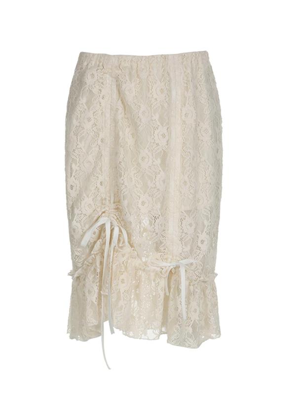 Women's Plain Floral Lace Asymmetrical Ruffle Hem Skirt, Casual High Waist Drawstring Tie Front Skirt, Ladies Summer Bottoms