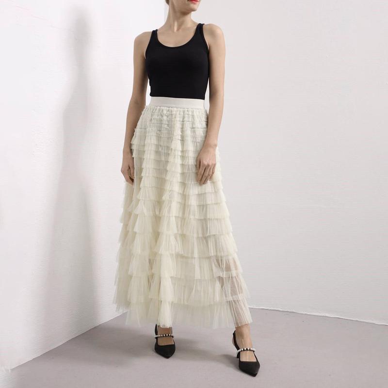 Tulle Long Skirt for Women Layered Ruffle Tutu Skirt Elastic Tiered Pleated Mesh A-Line Midi Skirts Prom Wedding