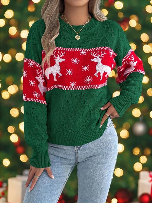 Women's Christmas Reindeer Print Drop Shoulder Sweater Pullover, Casual Long Sleeve Round Neck Jumper for Fall & Winter, Fashion Ladies' Knitwear for Daily Wear