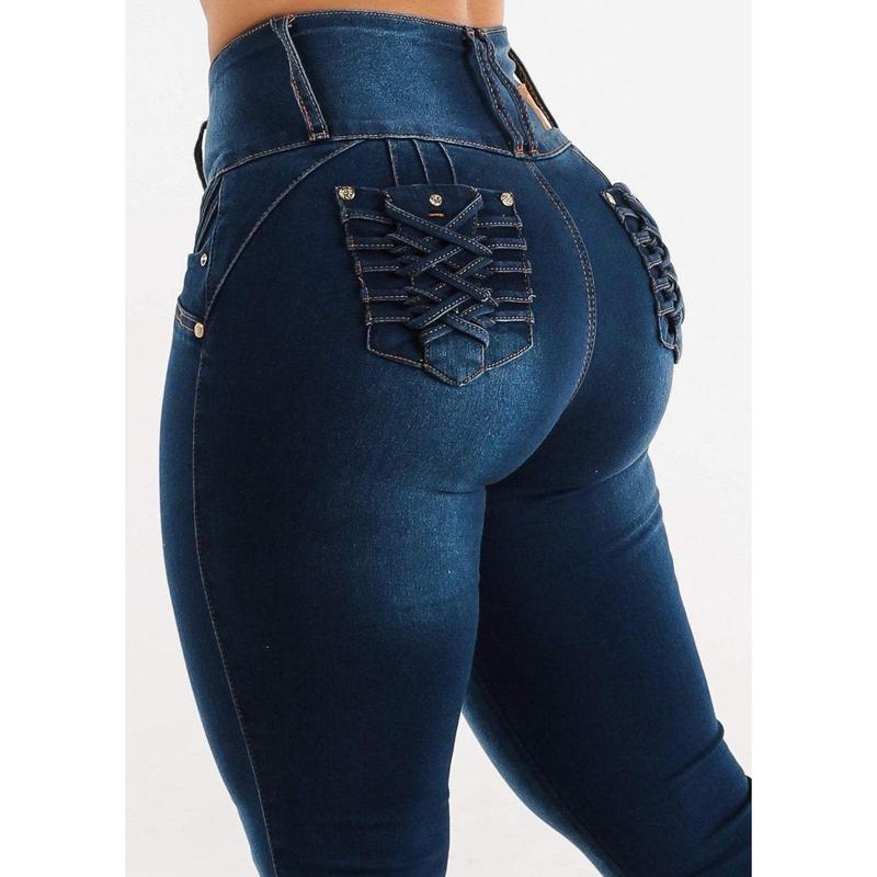 MX JEANS Braided Pocket Butt Lifting Dark Blue Skinny Jeans