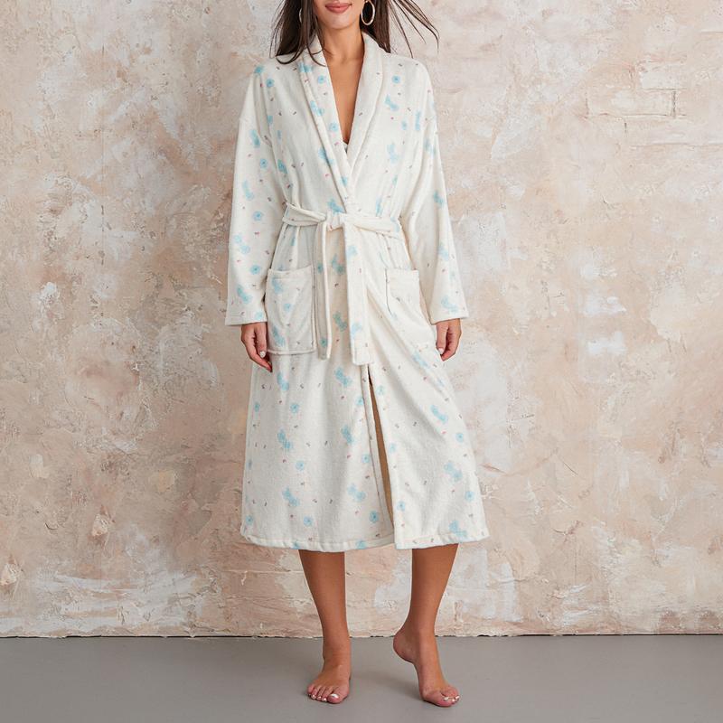 Women Y2k Fruit Robe Fleece Shawl Collar Bathrobe with Belt Cozy Spa Long Robe Open front Nightgown Loungewear