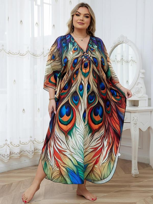  Butterfly feather Print Ruched Split Hem Tunic Dress, Elegant Batwing Sleeve V Neck Long Dress for Summer, Homecoming Dresses, Women's Clothes for Beach Holiday Vacation， Moo Moo Dresses