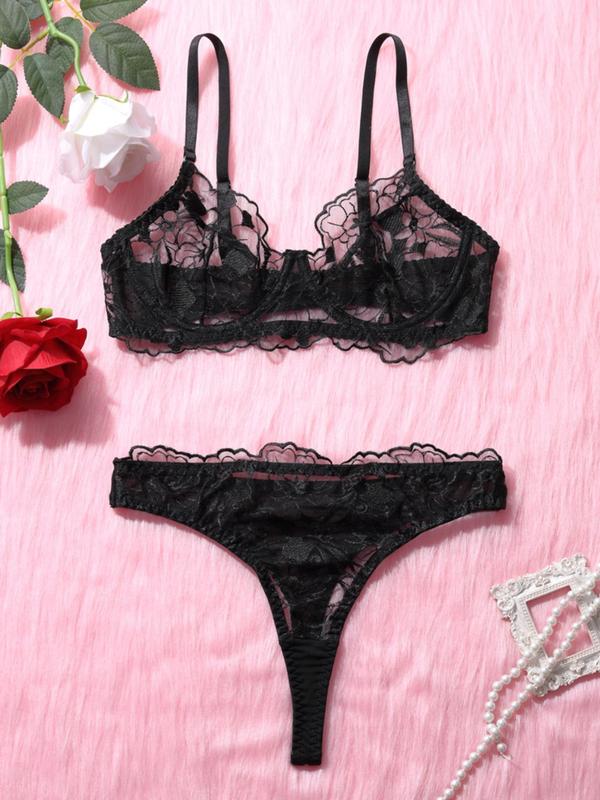 Women's Floral Embroidery Sheer Lace Bra & Thong Sexy Teddy Lingerie Set, Adjustable Strap Backless Bra & Panty Teddy Lingerie Set, Lingerie Set for Women