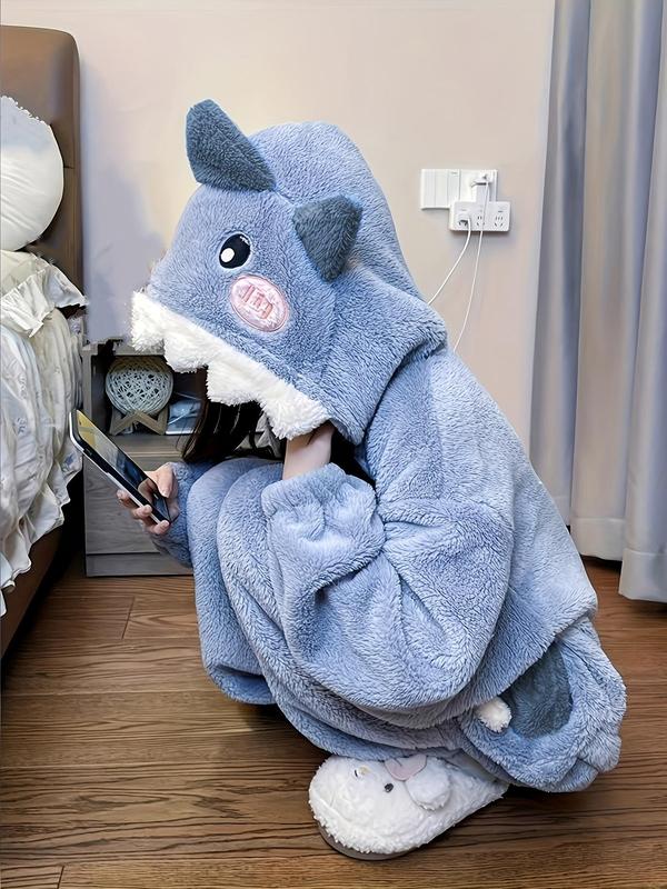 Women's Cartoon Shark Design Pocket Drop Shoulder Plush Loungewear Onesie, Casual Cute Long Sleeve Hooded Pj Onesie for Fall & Winter,  Women Nightwear, Night Gown for Women, Lady's Sleepwear for Indoor Wear, 90s Clothes Onesies Pajama