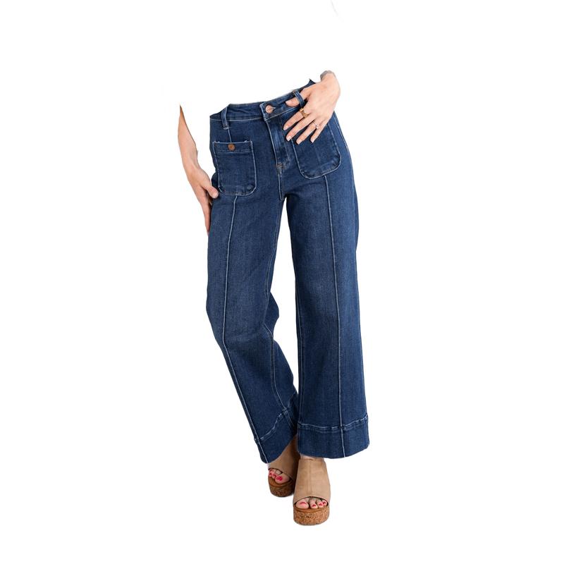 Risen Working Overtime High Rise Dark Wash Patch Pocket with Front Pintuck Wide Leg Jeans