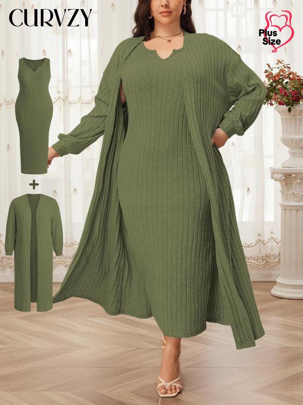 CURVZY Christmas Deals, Plus Size Solid Color Ribbed Two-Piece Set, Casual Tummy Control Drop Shoulder Open Front Outerwear & Notched Neck Tank Dress Set, Women Plus Clothing, Christmas 2024 Trend, Fall & Winter Outfits