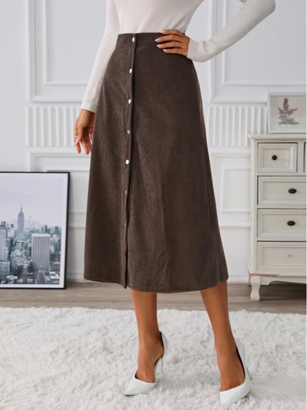 Women's Plain Button Front Corduroy Skirt, Casual High Waist Midi Skirt for Daily Wear, Ladies Bottoms for All Seasons