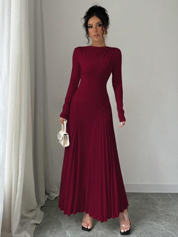 Women's Plain Ruched Pleated A Line Dress, Elegant Long Sleeve Round Neck Long Dress for Party Holiday Wedding Guest, Ladies Spring & Fall Clothes