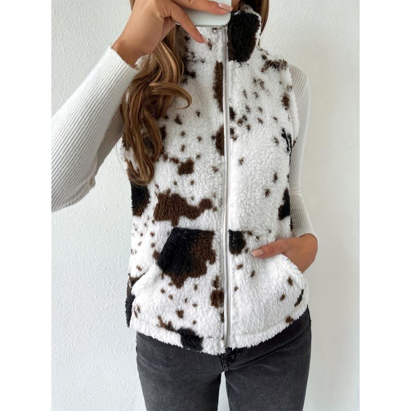 Cow Pattern Plush Zip Up Stand Collar Vest, Casual Sleeveless Slant Pockets Warm Gilet Jacket For Winter & Fall, Women's Clothing