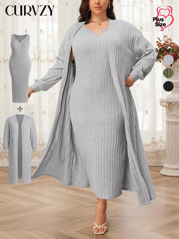 CURVZY Christmas Deals, Plus Size Solid Color Ribbed Two-Piece Set, Casual Tummy Control Drop Shoulder Open Front Outerwear & Notched Neck Tank Dress Set, Women Plus Clothing, Christmas 2024 Trend, Fall & Winter Outfits