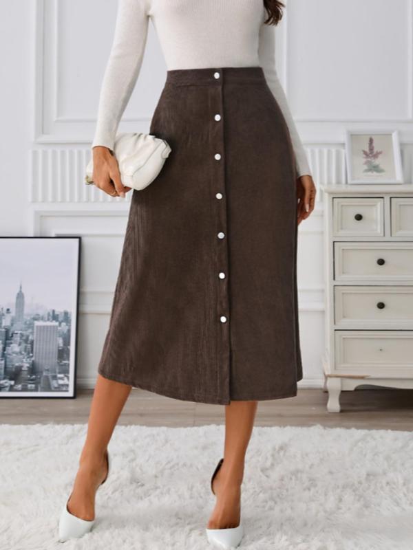 Women's Plain Button Front Corduroy Skirt, Casual High Waist Midi Skirt for Daily Wear, Ladies Bottoms for All Seasons