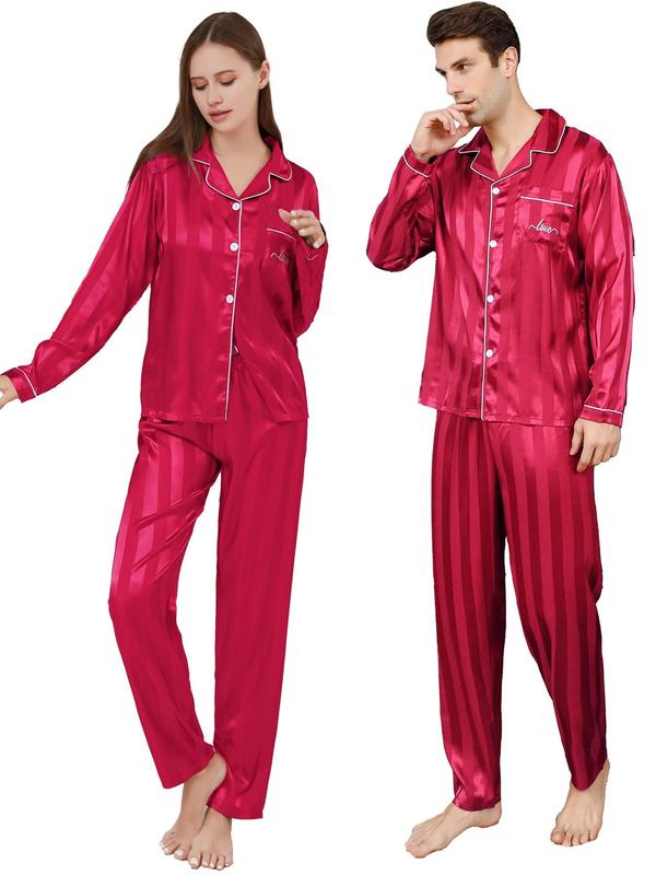 Couple's 2pcs Button Front Pocket Lapel Shirt & Pants Silk Cloth Loungewear PJ Set, 2 Piece Set Casual Comfortable Pajama Set, Sleepwear for Men & Women, Satin Sleepwear Set