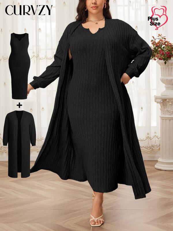 CURVZY Christmas Deals, Plus Size Solid Color Ribbed Two-Piece Set, Casual Tummy Control Drop Shoulder Open Front Outerwear & Notched Neck Tank Dress Set, Women Plus Clothing, Christmas 2024 Trend, Fall & Winter Outfits