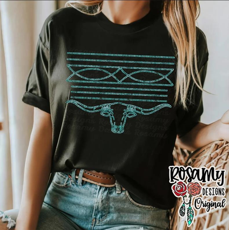 Trendy Western Boot Stitch T Shirt in Turquoise for Cowgirls and Rodeo Fans