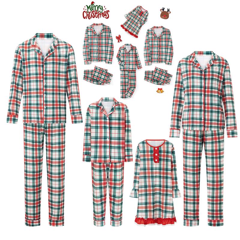 Family Matching Christmas Pajamas Set Plaid Print Holiday Pajamas Sleepwear Tops Pants Dress