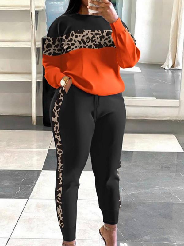 Women's Leopard Patchwork Print Sweatshirt & Elastic Waist Sweatpants Set, Casual Round Neck Long Sleeve Pullover & Pocket Jogger Pants, Women's Spring & Fall Clothes