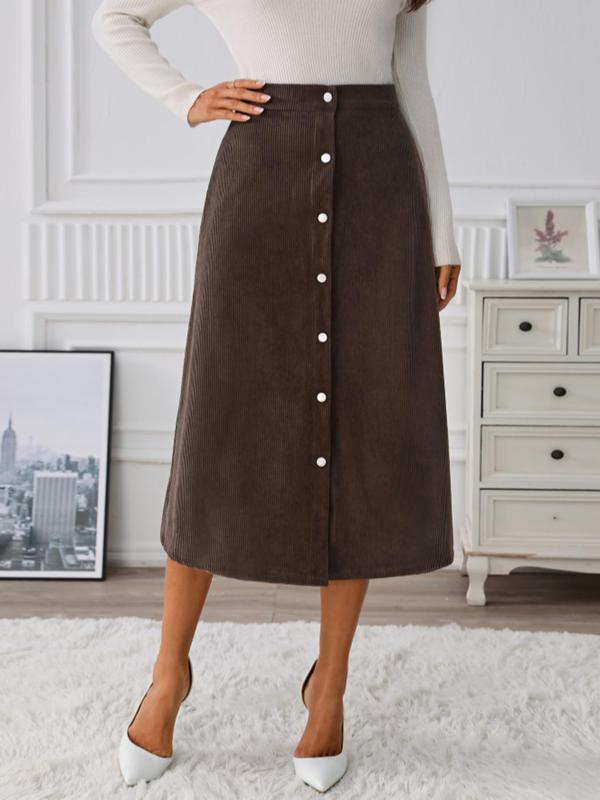 Women's Plain Button Front Corduroy Skirt, Casual High Waist Midi Skirt for Daily Wear, Ladies Bottoms for All Seasons