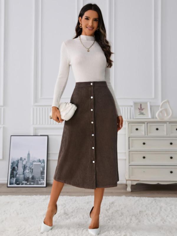 Women's Plain Button Front Corduroy Skirt, Casual High Waist Midi Skirt for Daily Wear, Ladies Bottoms for All Seasons