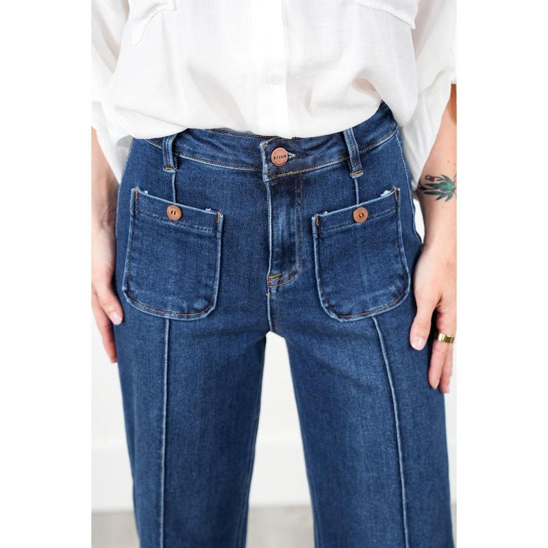 Risen Working Overtime High Rise Dark Wash Patch Pocket with Front Pintuck Wide Leg Jeans