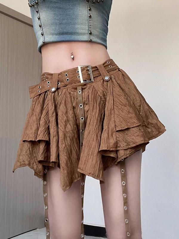 Women's Grommet Eyelet Decor Belted Asymmetrical Hem Skirt, Fashion Casual Mini Skirt for Daily Outdoor Wear, Ladies Bottoms for All Seasons