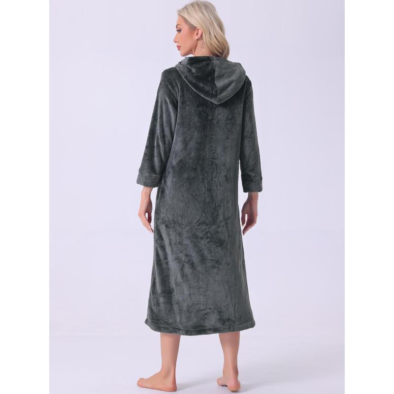 cheibear Womens Flannel Robe Fluffy Plush Long Zip Front Bathrobe with Pockets Warm Zippered Gray