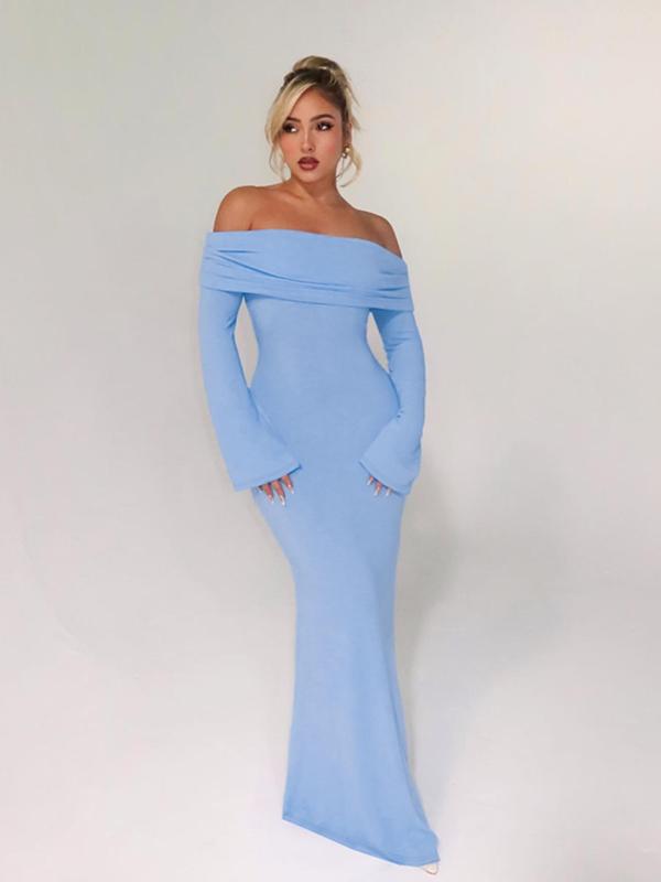 Women's Off Shoulder Cut Out Bodycon Dress, Solid Long Sleeve Maxi Dress for Party Club Dating Wear, Holiday Dress, Women's Clothing for Fall & Winter