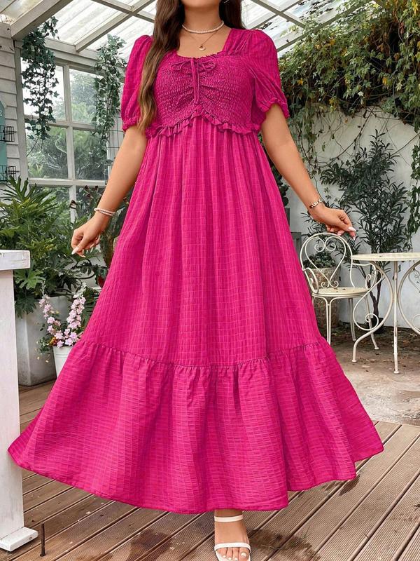  Frill Trim Puff Sleeve Shirred Vintage Dress, Elegant Short Sleeve Square Neck Dress, Dresses for Women, Summer Dresses 2024, Women's Plus Clothing for Beach Holiday, Plus Size Women's Clothing, Fall Wedding Guest Dress