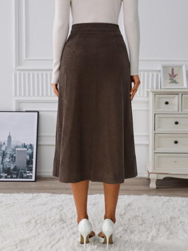 Women's Plain Button Front Corduroy Skirt, Casual High Waist Midi Skirt for Daily Wear, Ladies Bottoms for All Seasons