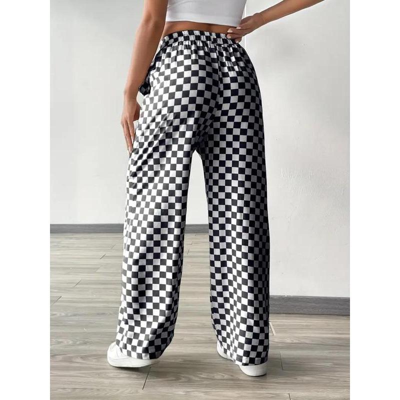 Women's All Over Checkerboard Print Drawstring Waist Straight Leg Pants, Casual Comfy High Waist Trousers for Daily Wear, Ladies Bottoms for All Seasons Womenswear Comfort