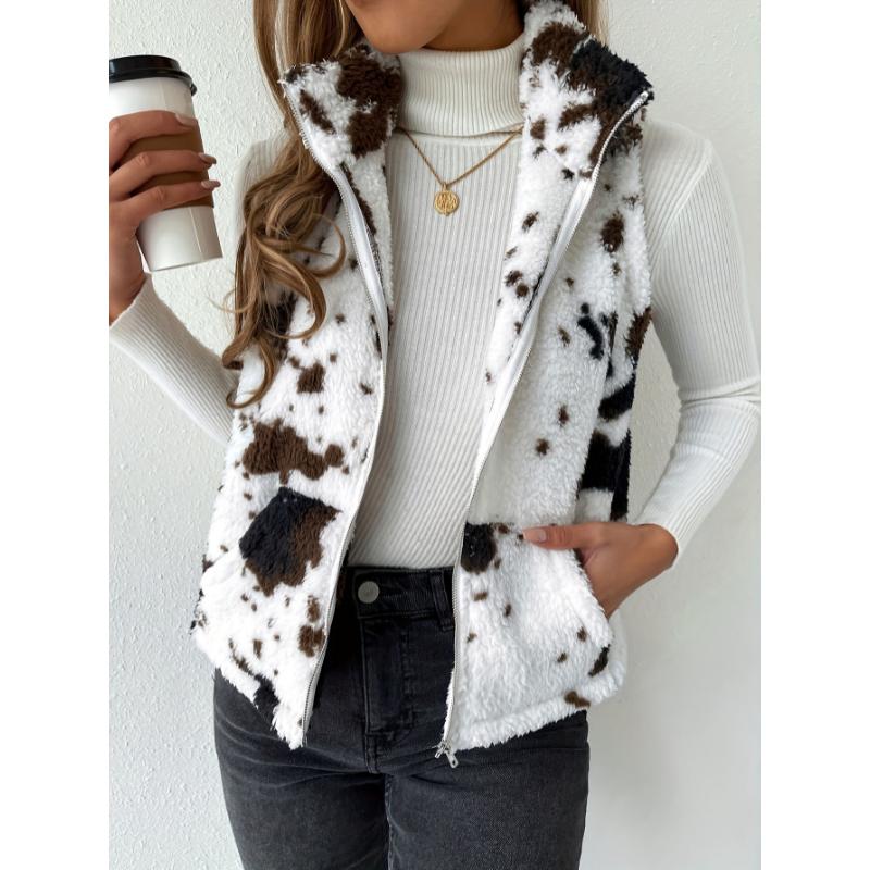 Cow Pattern Plush Zip Up Stand Collar Vest, Casual Sleeveless Slant Pockets Warm Gilet Jacket For Winter & Fall, Women's Clothing