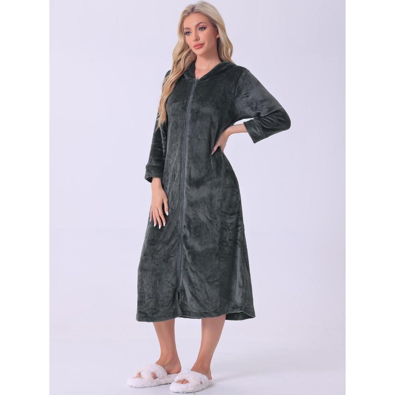 cheibear Womens Flannel Robe Fluffy Plush Long Zip Front Bathrobe with Pockets Warm Zippered Gray