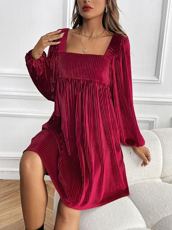 Women's Solid Velvet Smock Dress, Solid Backless Tie Back Bishop Sleeve Short Dress for Spring & Fall, Holiday Dress, Women's Clothing for Daily Wear