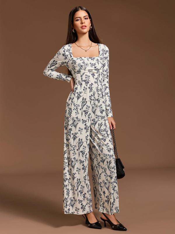 YOZY Women's Ditsy Floral Print Ruched Wide Leg Jumpsuit, Casual Long Sleeve Square Neck Jumpsuit for Daily Wear, Ladies Clothes for All Seasons