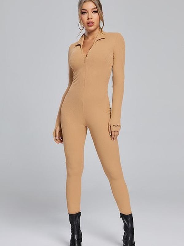 Long Sleeve Zip Up Jumpsuit Fabric Polyester