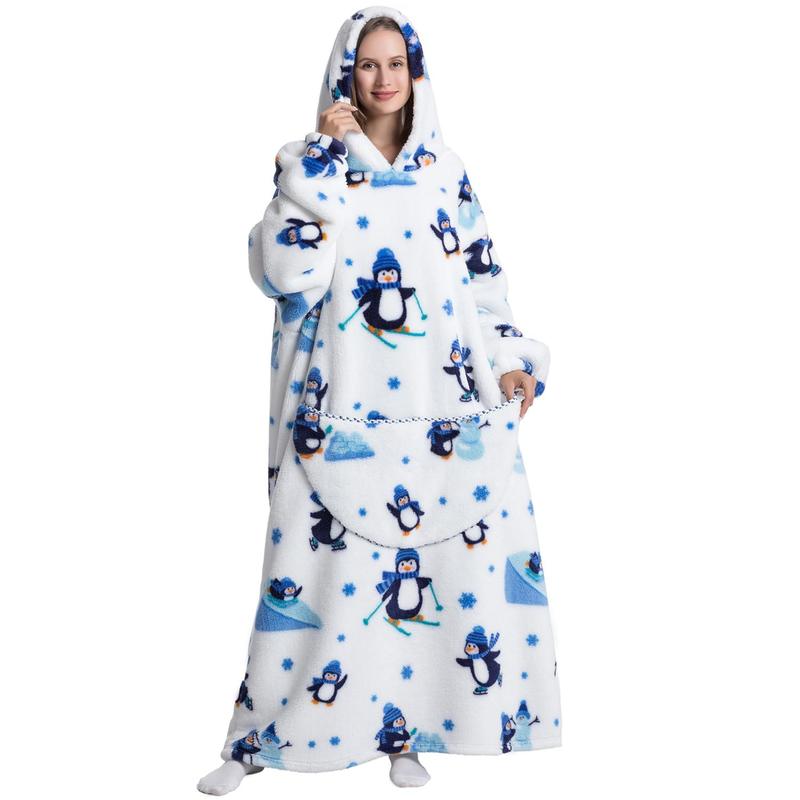 [Free shipping on 2 items] Cute Cartoon Pattern Wearable Hooded Blanket for Women Men, Christmas Gift Oversized Wearable Hooded Blanket Sweatshirt Pullover Loungewear Womenswear Pajamas Large Warm and Cozy With Large Pocket