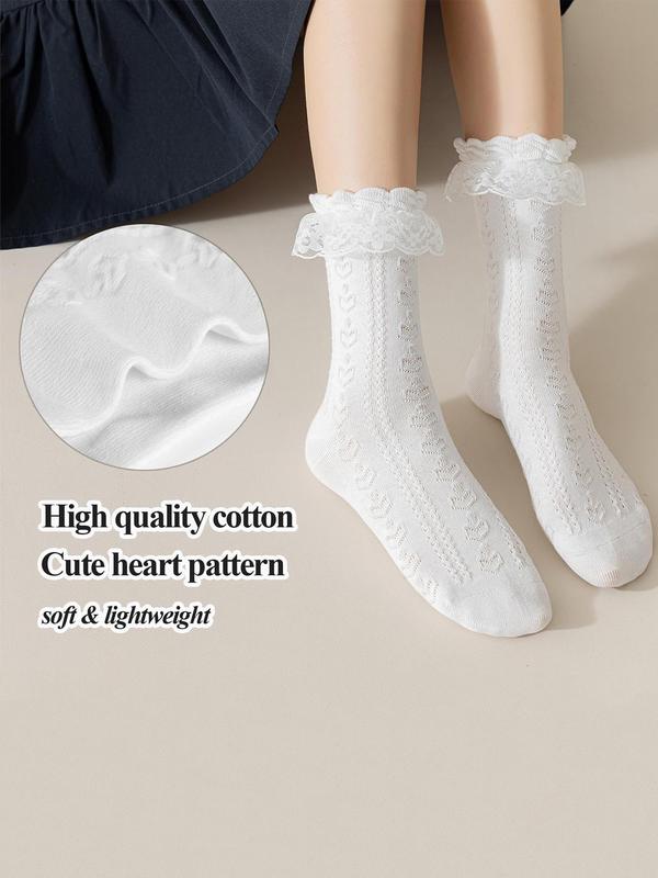 Women's Jacquard Contrast Lace Mid-calf Socks, Sweet Style Casual Soft Comfy Breathable Mid-Calf Socks for Daily Wear, Ladies Socks for All Seasons