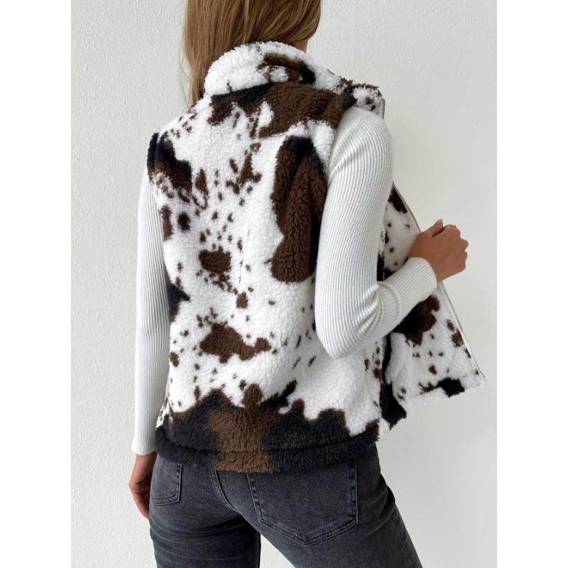 Cow Pattern Plush Zip Up Stand Collar Vest, Casual Sleeveless Slant Pockets Warm Gilet Jacket For Winter & Fall, Women's Clothing