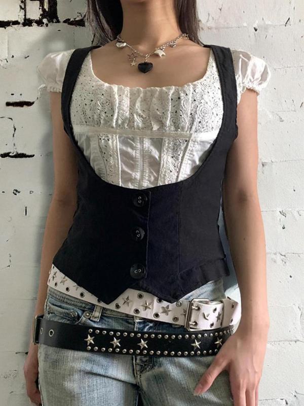 Women's Vintage Button Front Crop Vest Top, Punk Retro Sleeveless Top for Daily Outdoor Wear, Femboy Sissy Goth Outfit, Women's Tops for Summer Spring Fall Y2K