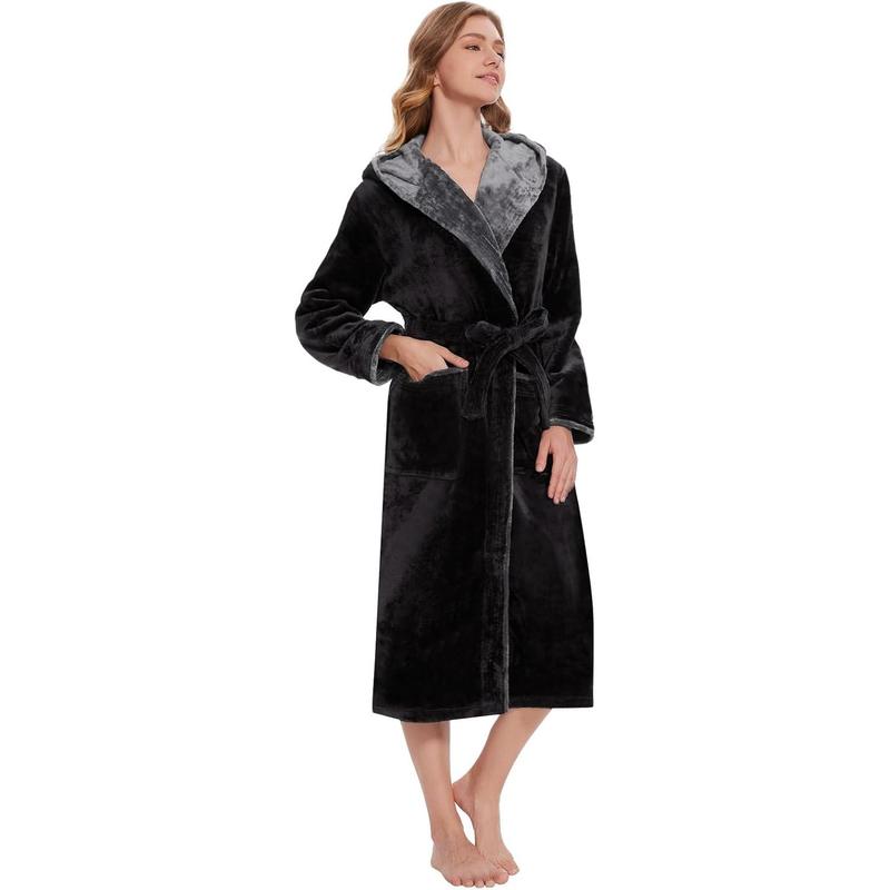 Womens Hooded Robes Plush Bathrobe Long Warm Fleece Robe