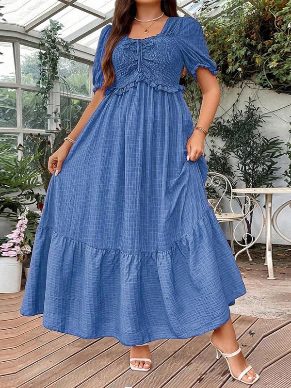  Frill Trim Puff Sleeve Shirred Vintage Dress, Elegant Short Sleeve Square Neck Dress, Dresses for Women, Summer Dresses 2024, Women's Plus Clothing for Beach Holiday, Plus Size Women's Clothing, Fall Wedding Guest Dress