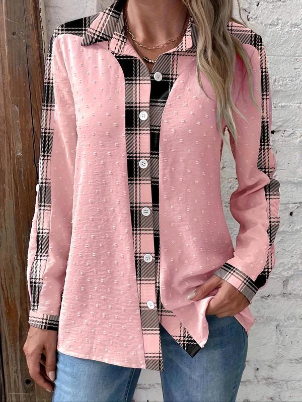 Plus Patchwork & Plaid Print Button Front Swiss Dot Blouse, Comfort Womenswear for Lady, Mean Girls Shirt Casual Long Sleeve Collared Top for Spring & Fall, Women's Clothes