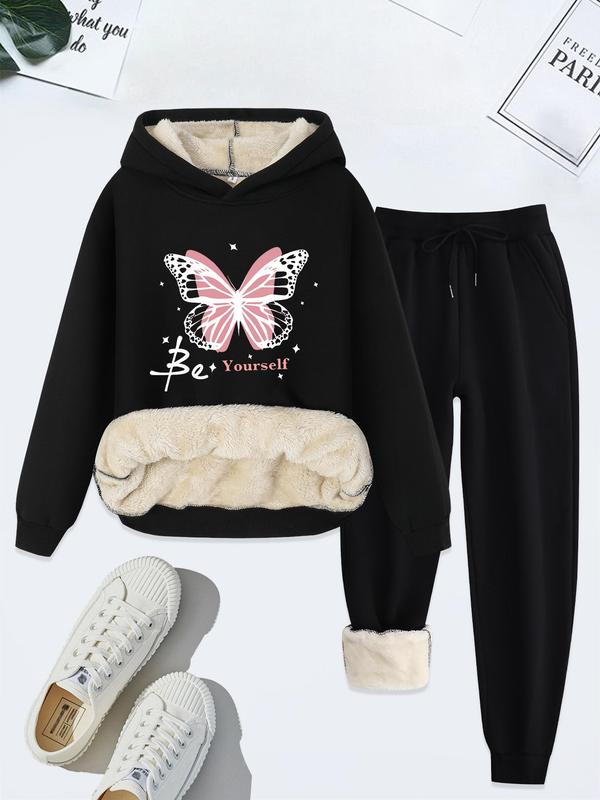 Women's Butterfly Print Thermal Lined Hoodie & Drawstring Waist Pants Two-piece Set, Casual Long Sleeve Hooded Sweatshirt & Pocket Trousers for Fall & Winter, Women's Clothes for Daily Wear