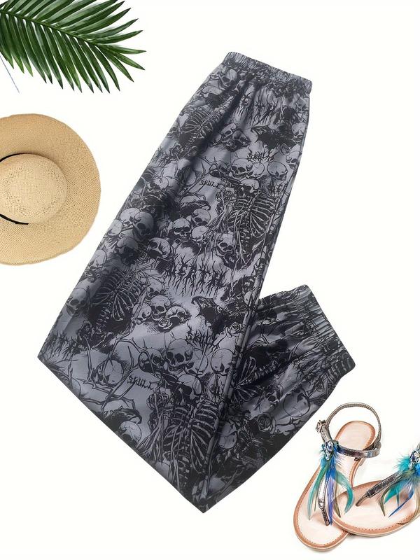 Women's All Over Skull Print High Waist Wide Leg Pants, Casual Comfy Trousers for Summer, Fashion Women's Bottoms for Daily Wear