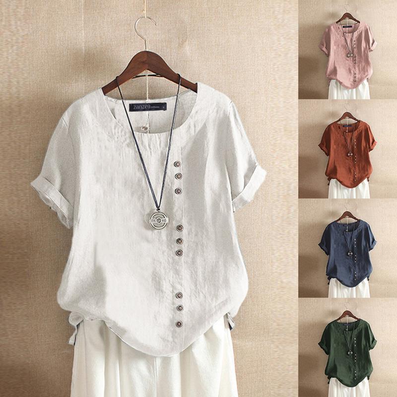 Women's Cotton Linen T-Shirts Short Sleeve Tunic Tops Casual Loose Blouse