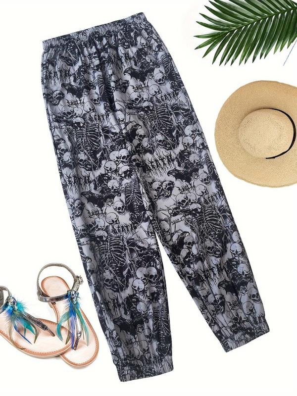 Women's All Over Skull Print High Waist Wide Leg Pants, Casual Comfy Trousers for Summer, Fashion Women's Bottoms for Daily Wear