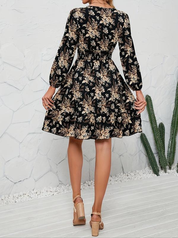 Women's Floral Print Shirred Wrap V Neck A Line Vintage Dress, Boho Fashion Bishop Sleeve Short Dress for Daily Holiday Vacation Wear, Dresses for Women, Ladies Dress for All Seasons, Tummy Hiding Dresses