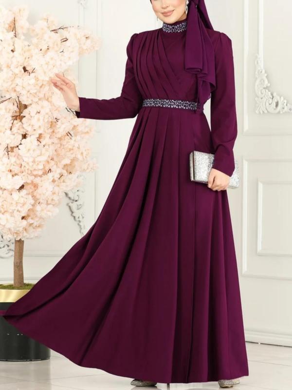 Women's Rhinestone Decor Belted Pleated A Line Dress, Elegant Mock Neck Long Sleeve Maxi Dress for Party Wedding Guest, Ladies Clothes for All Seasons,  Girl Clothes