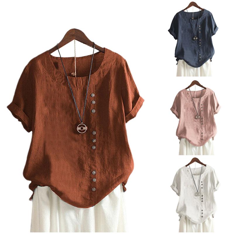 Women's Cotton Linen T-Shirts Short Sleeve Tunic Tops Casual Loose Blouse