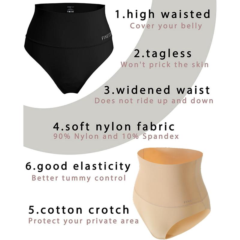 Finetoo High Waisted Underwear for Women Tummy Control Panties High Rise Body Shaper Brief Nylon Seamless Bikini Panty for Ladies S-3XL